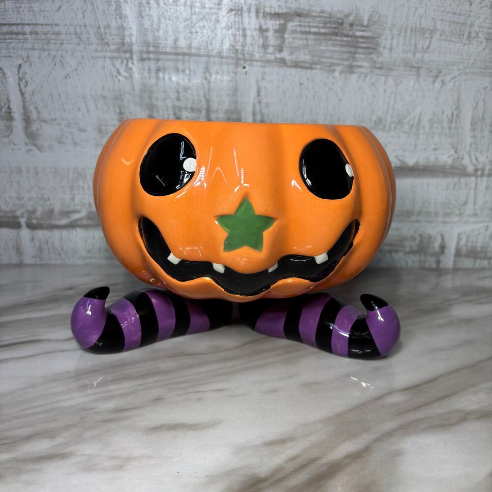 Ceramic Jack O Lantern Candy Bowl with Witch Feet